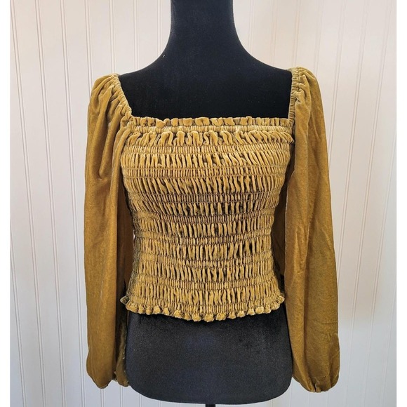 Anthropologie Gold Velvet Smocked Top XS – Cottagecore, Boho, Romantic, Party - Picture 1 of 13